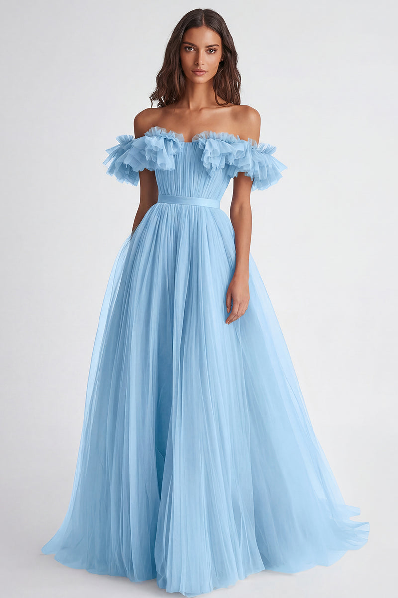 Laden Sie das Bild in den Galerie-Viewer, Dusty Sage Schulterfreies Rüschen A Linie Abendkleid