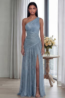 Laden Sie das Bild in den Galerie-Viewer, Golden Einschulteriges Falten Langes Festkleid mit Schlitz