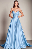 Laden Sie das Bild in den Galerie-Viewer, Marineblaues Herzausschnitt A-Linie Satin Langes Ballkleid