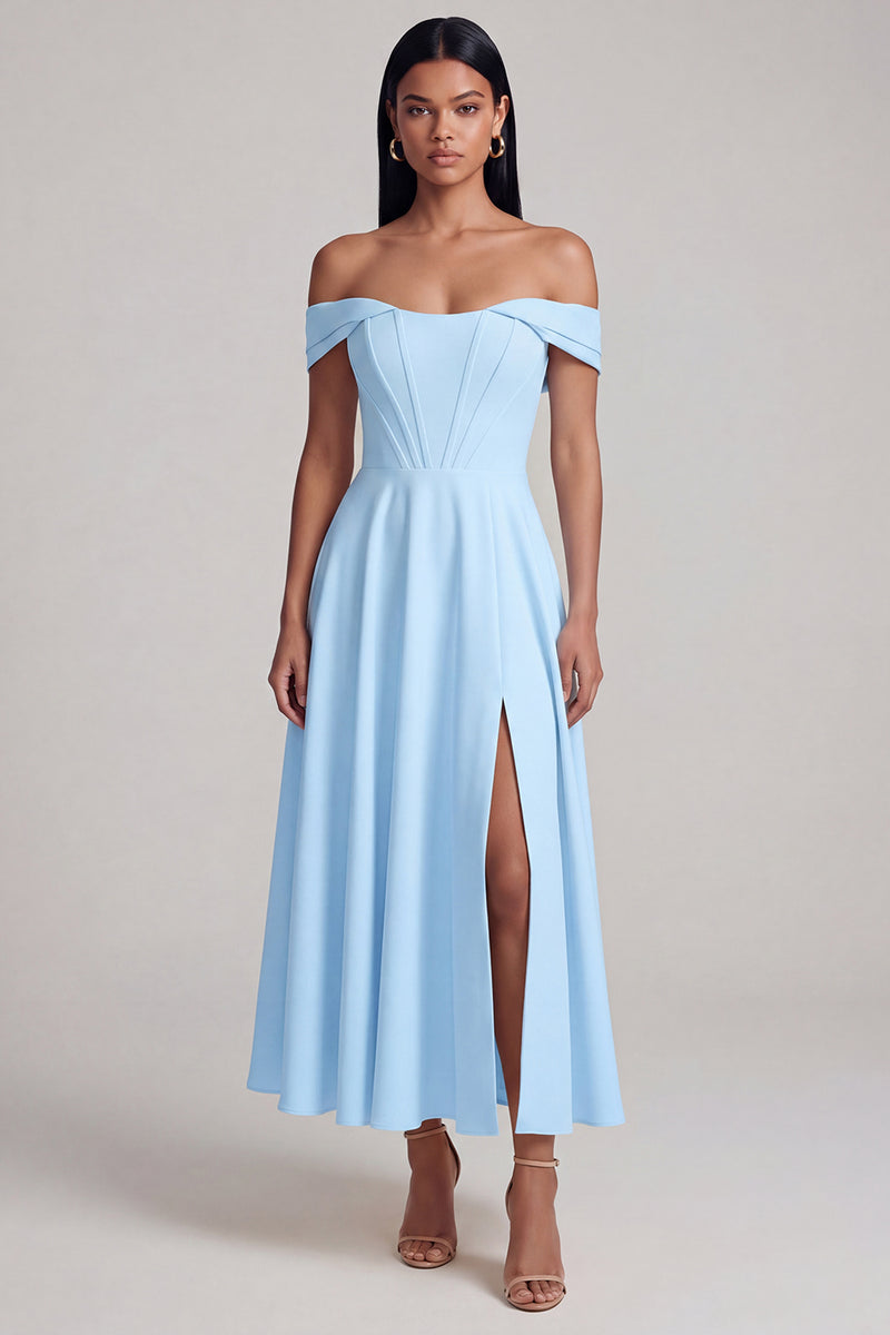 Laden Sie das Bild in den Galerie-Viewer, A-Linien-Off-the-shoulder gelbes Korsett-Maxikleid mit Schlitz