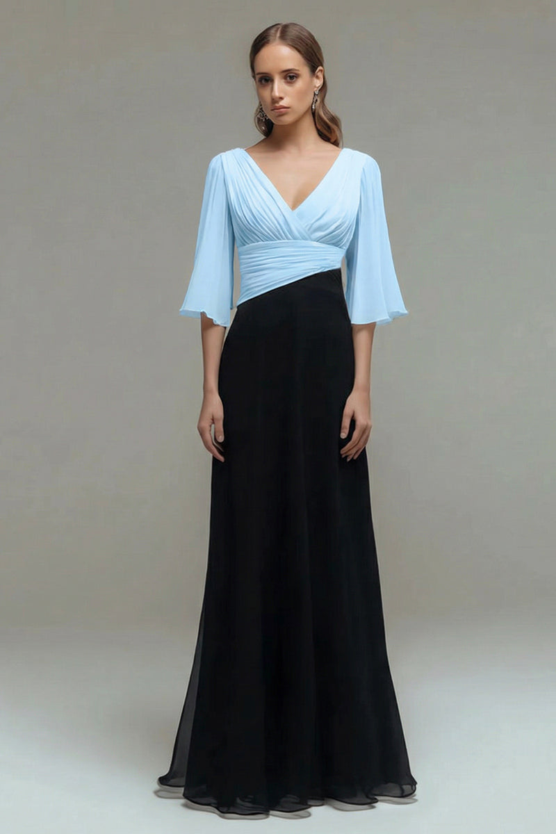 Laden Sie das Bild in den Galerie-Viewer, Schwarz Weiß Chiffon Plissee A-Linie V-Ausschnitt Formelles Kleid