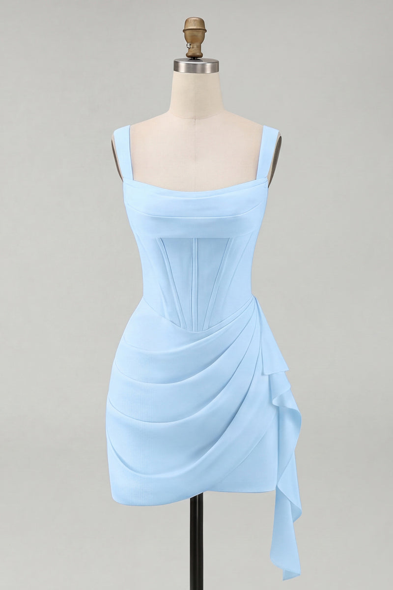 Laden Sie das Bild in den Galerie-Viewer, Tüll Elfenbein Korsett Quadratischer Ausschnitt Gerafftes Bodycon Mini Standesamt Kleid mit Rüschen