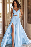 Laden Sie das Bild in den Galerie-Viewer, A Linie Rosa Plissee Ballkleid mit V-Ausschnitt und Schlitz