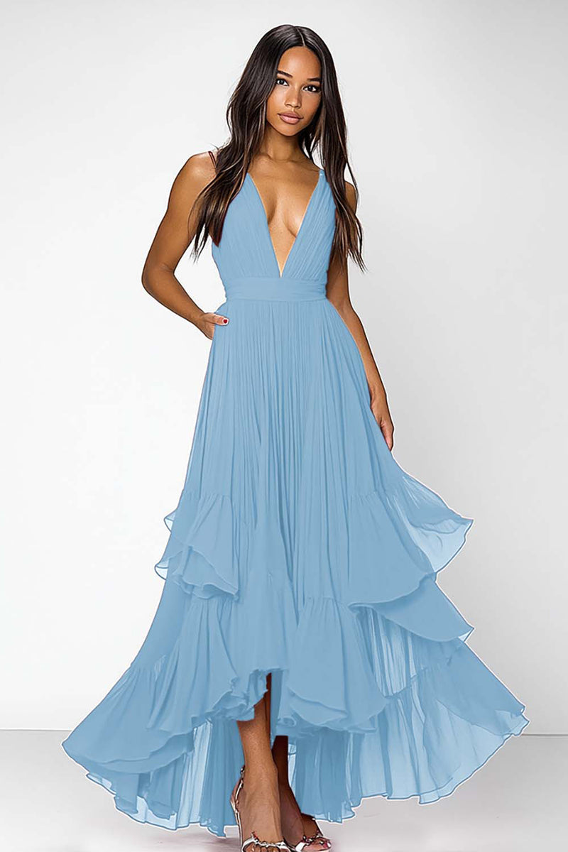 Laden Sie das Bild in den Galerie-Viewer, Rotes Ballkleid mit tiefen V-Ausschnitten und Rüschen in A-Linie