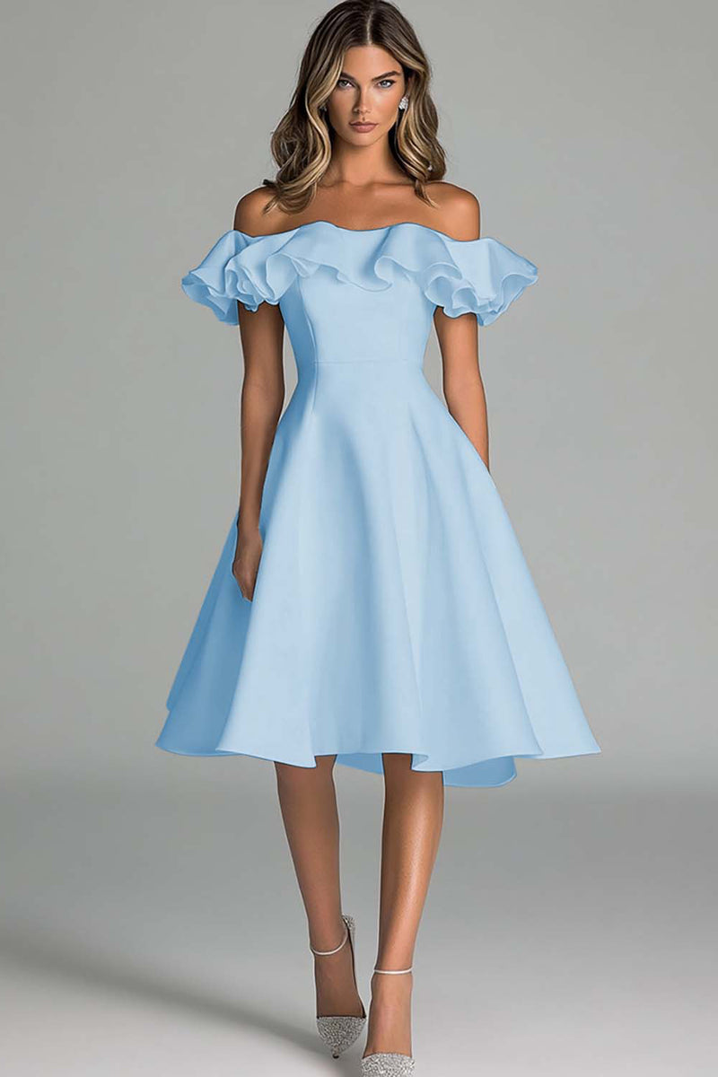 Laden Sie das Bild in den Galerie-Viewer, Weißes Schulterfreies Brautkleid in A-Linie mit Rüschen