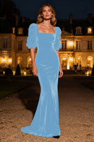 Laden Sie das Bild in den Galerie-Viewer, Marineblaues Meerjungfrau Quadratischer Ausschnitt Puffärmel Samt Langes Ballkleid