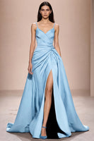 Laden Sie das Bild in den Galerie-Viewer, Dunkelblaues Spaghettiträgern Abendkleid aus Satin in A-Linie mit Schlitz