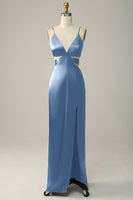 Laden Sie das Bild in den Galerie-Viewer, Spaghettiträger ausgeschnittenes oliv langes Brautjungfernkleid mit Schlitz