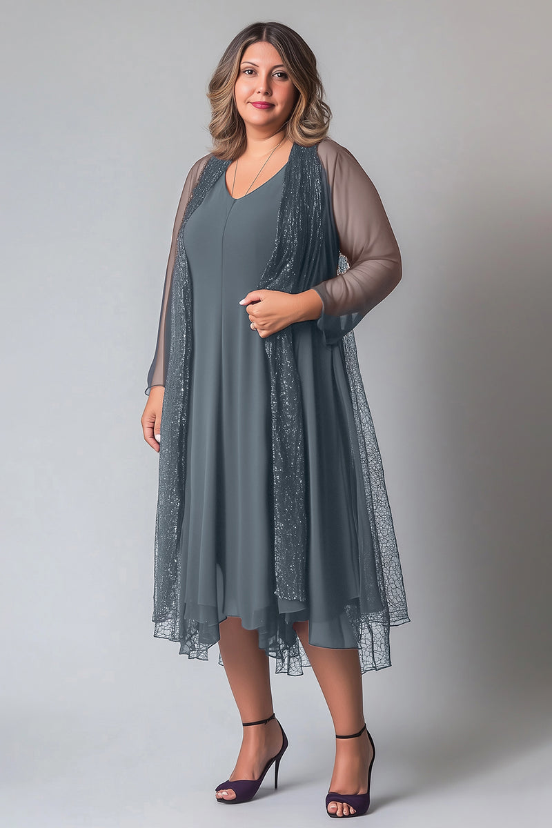 Laden Sie das Bild in den Galerie-Viewer, Glitzerndes lila Chiffon A-Linie V-Ausschnitt Kleid für die Mutter der Braut mit langen Ärmeln