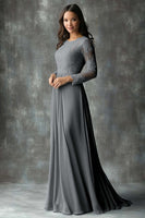 Laden Sie das Bild in den Galerie-Viewer, A-Linie Rundhals langen Ärmeln Kleid für die Brautmutter Staubblaues Etui