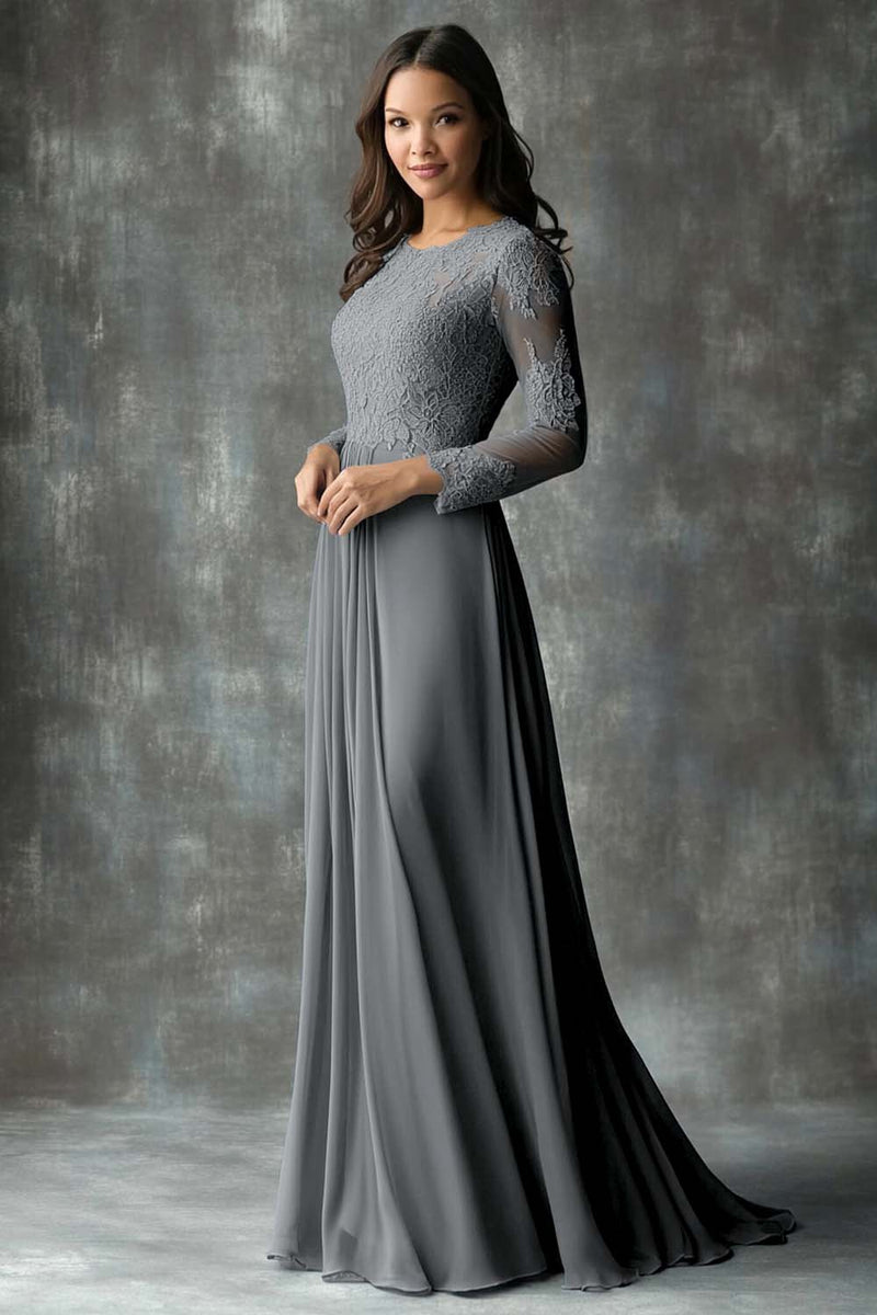 Laden Sie das Bild in den Galerie-Viewer, A-Linie Rundhals langen Ärmeln Kleid für die Brautmutter Staubblaues Etui