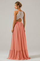 Laden Sie das Bild in den Galerie-Viewer, Weißes Schlüsselloch Boho Chiffon Langes Brautjungfernkleid mit Spitze