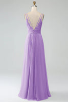 Laden Sie das Bild in den Galerie-Viewer, Vintage Mauve A-Linie Spaghettiträger Plissee Chiffon Langes Brautjungfernkleid