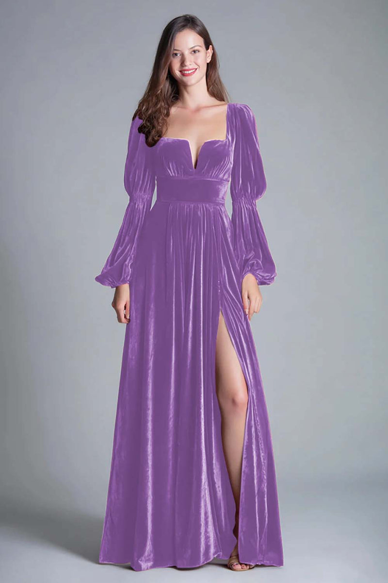 Laden Sie das Bild in den Galerie-Viewer, Burgunder A-Linie Abendkleid aus Samt mit quadratischem Ausschnitt und Schlitz