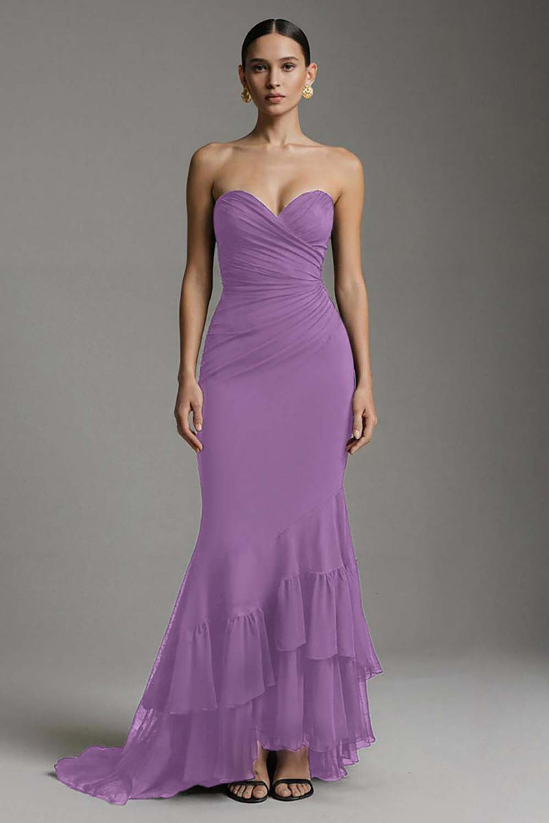 Laden Sie das Bild in den Galerie-Viewer, Schwarzes Herzausschnitt Mermaid Sweep Train Langes Ballkleid mit Rüschen