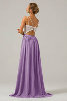 Laden Sie das Bild in den Galerie-Viewer, Eukalyptus Grünes Boho Chiffon Langes Brautjungfernkleid mit offenem Rücken und Spitze