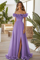 Laden Sie das Bild in den Galerie-Viewer, Schulterfreies Blaues A-Linie Ballkleid mit Schlitz