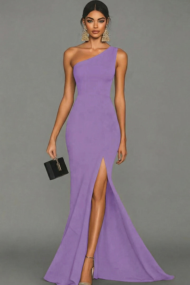 Laden Sie das Bild in den Galerie-Viewer, Meerjungfrau Schwarzes formelles One-Shoulder-Kleid mit Schlitz
