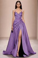 Laden Sie das Bild in den Galerie-Viewer, Dunkelblaues Spaghettiträgern Abendkleid aus Satin in A-Linie mit Schlitz