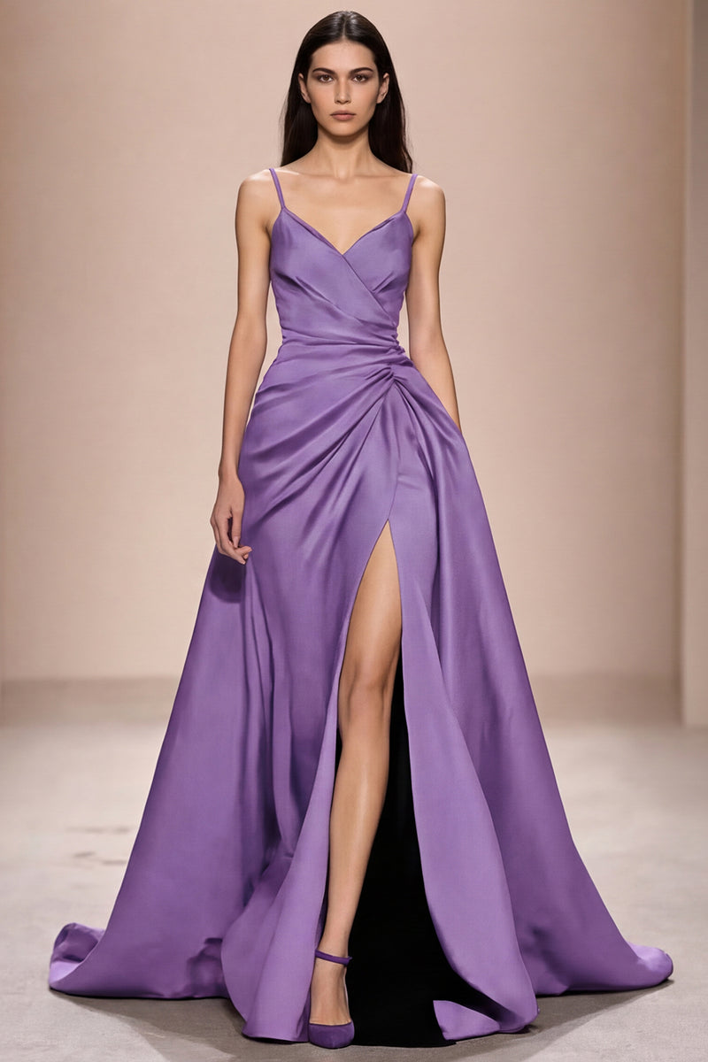 Laden Sie das Bild in den Galerie-Viewer, Dunkelblaues Spaghettiträgern Abendkleid aus Satin in A-Linie mit Schlitz