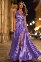 Laden Sie das Bild in den Galerie-Viewer, Metallisches Goldenes V-Ausschnitt A-Linie Langes Ballkleid mit Schlitz