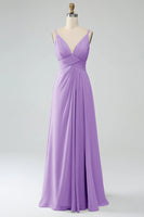 Laden Sie das Bild in den Galerie-Viewer, Vintage Mauve A-Linie Spaghettiträger Plissee Chiffon Langes Brautjungfernkleid