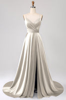 Laden Sie das Bild in den Galerie-Viewer, Königsblaues A-Linie Spaghettiträger Satin Ballkleid mit Schlitz