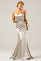 Laden Sie das Bild in den Galerie-Viewer, Meerjungfrau Graues blaues Spaghettiträger Satin Maxikleid