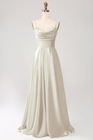 Laden Sie das Bild in den Galerie-Viewer, Staubiger Salbei A Linie Wasserfallausschnitt Satin Langes Ballkleid mit Plissee