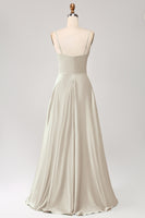 Laden Sie das Bild in den Galerie-Viewer, Staubiger Salbei A Linie Wasserfallausschnitt Satin Langes Ballkleid mit Plissee