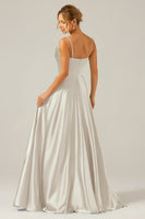 Laden Sie das Bild in den Galerie-Viewer, Dusty Sage A Linie Cowl Ausschnitt Satin Langes Brautjungfernkleid mit Plissee
