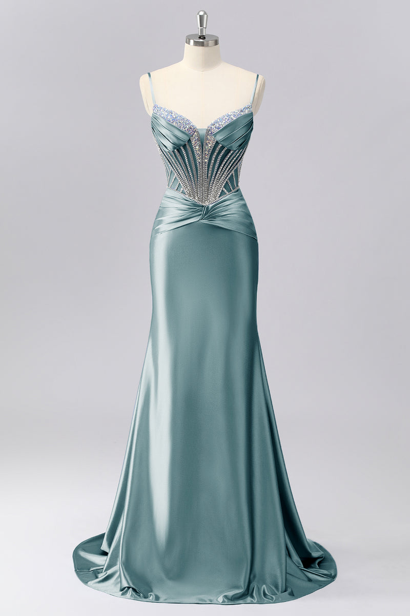 Laden Sie das Bild in den Galerie-Viewer, Glitzerndes Grau-blaues Spaghettiträger Meerjungfrauen Satin Ballkleid mit Strasssteinen