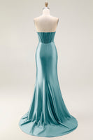 Laden Sie das Bild in den Galerie-Viewer, Blush Meerjungfrauen Transparentes Trägerloses Langes Ballkleid mit perlenbesetztem Korsett und Schlitz