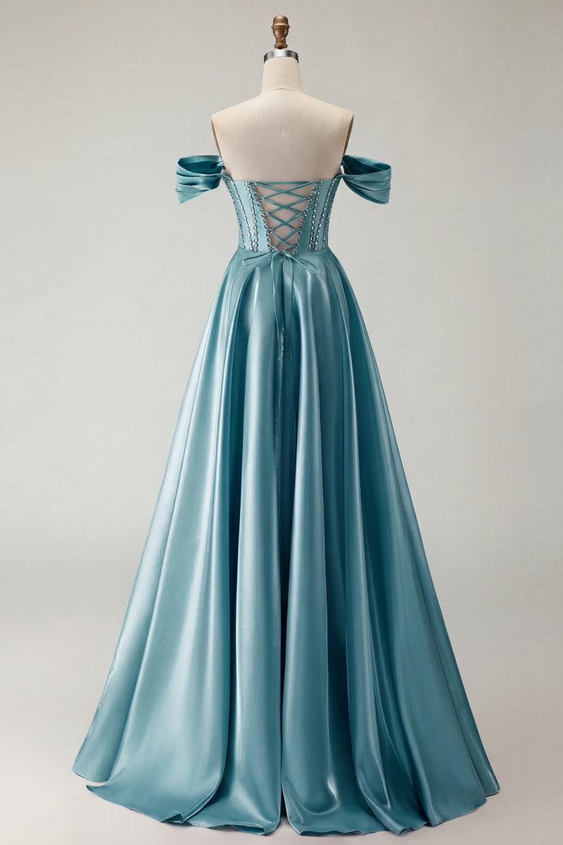 Laden Sie das Bild in den Galerie-Viewer, Schulterfreies Lila A-Linie Langes Perlenbesetztes Satin Ballkleid mit Schlitz