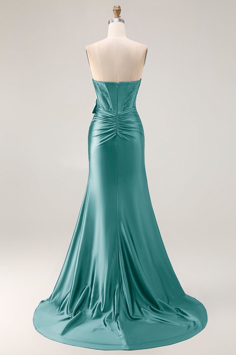 Laden Sie das Bild in den Galerie-Viewer, Marineblaues Meerjungfrau Trägerloses Perlenbesetztes Korsett Abendkleid mit Rüschen und Schleife