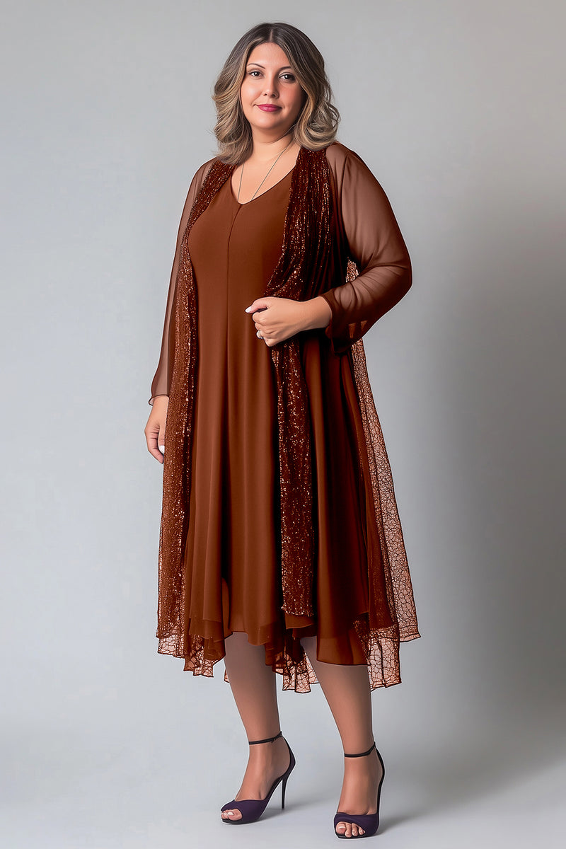 Laden Sie das Bild in den Galerie-Viewer, Glitzerndes lila Chiffon A-Linie V-Ausschnitt Kleid für die Mutter der Braut mit langen Ärmeln