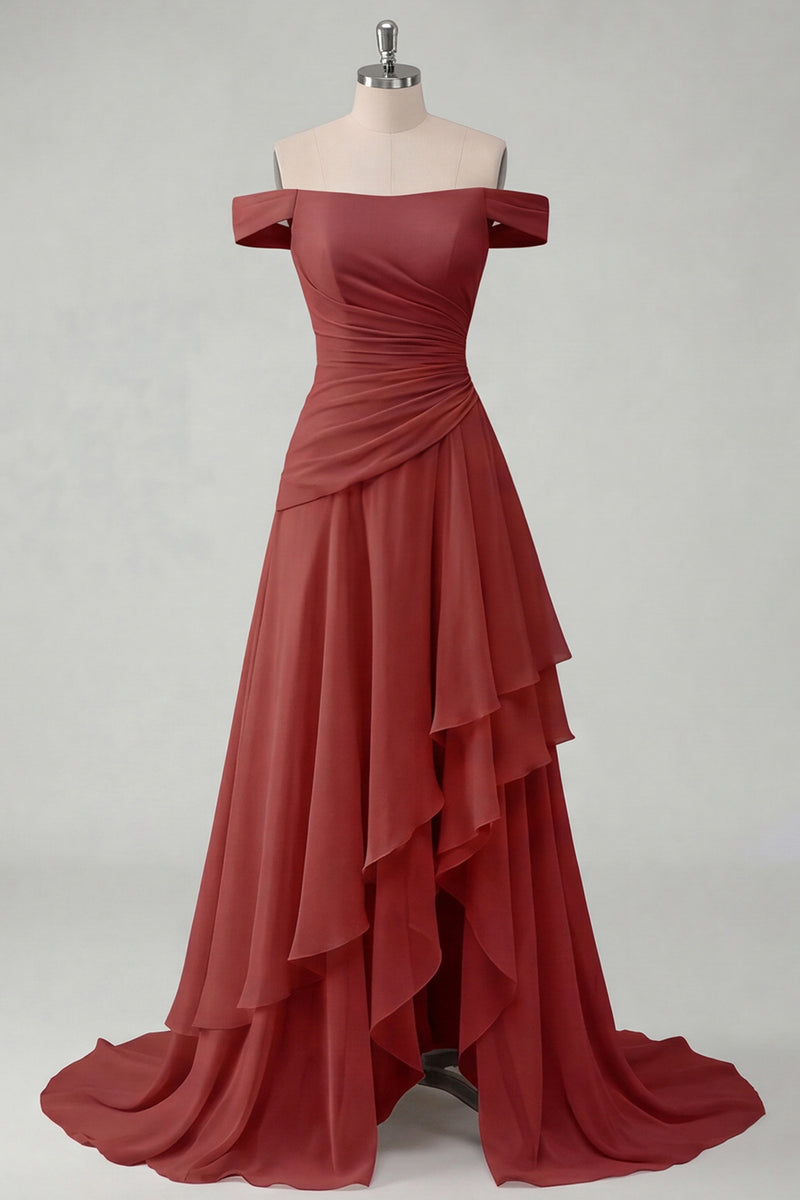 Laden Sie das Bild in den Galerie-Viewer, Schulterfreies Chiffon Buttergelbes A-Linie Gerafftes Maxikleid mit Schlitz