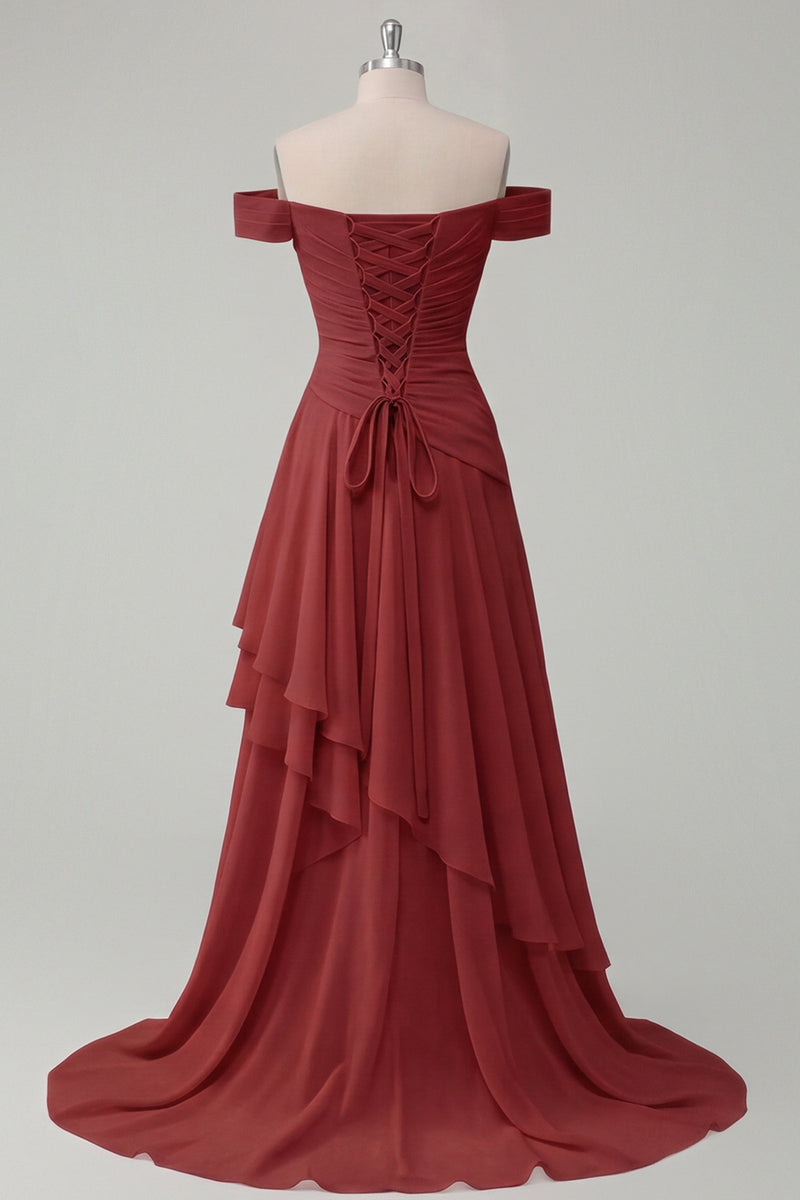 Laden Sie das Bild in den Galerie-Viewer, Schulterfreies Chiffon Buttergelbes A-Linie Gerafftes Maxikleid mit Schlitz
