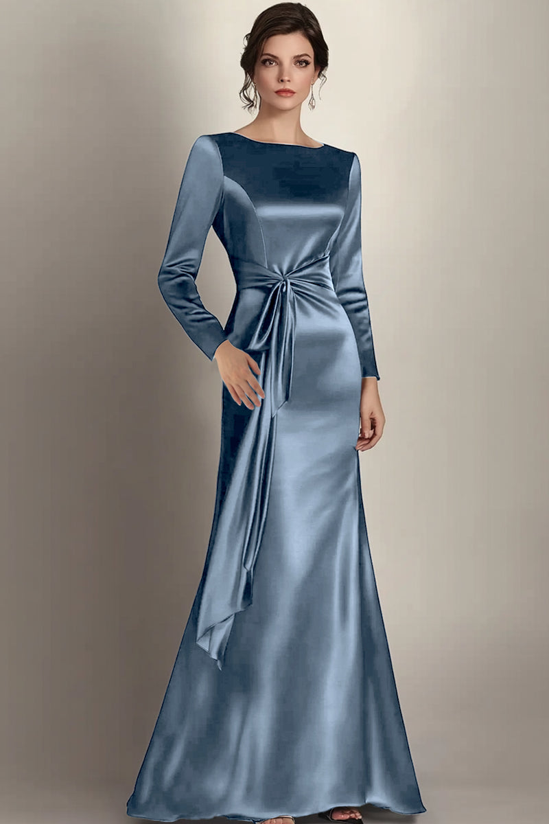 Laden Sie das Bild in den Galerie-Viewer, Schwarzes Meerjungfrau Langärmeliges Satin Brautmutterkleid mit Rüschen