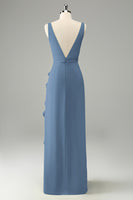 Laden Sie das Bild in den Galerie-Viewer, Zitrone Hochzeitsgastkleid mit tiefem V-Ausschnitt und Rüschen und Schlitz