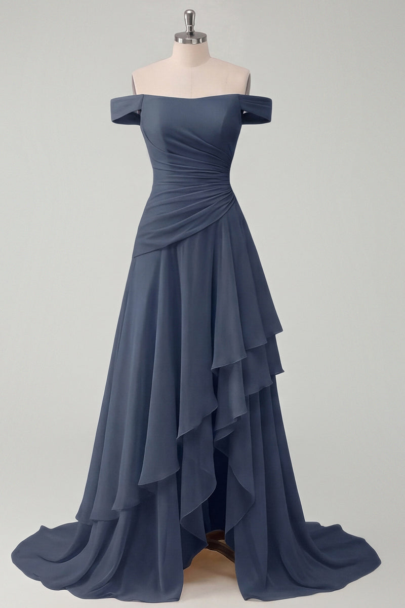 Laden Sie das Bild in den Galerie-Viewer, Schulterfreies Chiffon Buttergelbes A-Linie Gerafftes Maxikleid mit Schlitz