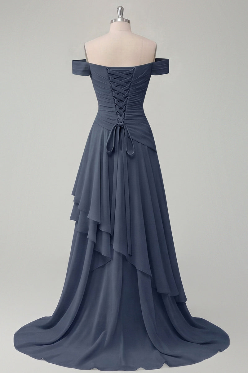 Laden Sie das Bild in den Galerie-Viewer, Schulterfreies Chiffon Buttergelbes A-Linie Gerafftes Maxikleid mit Schlitz