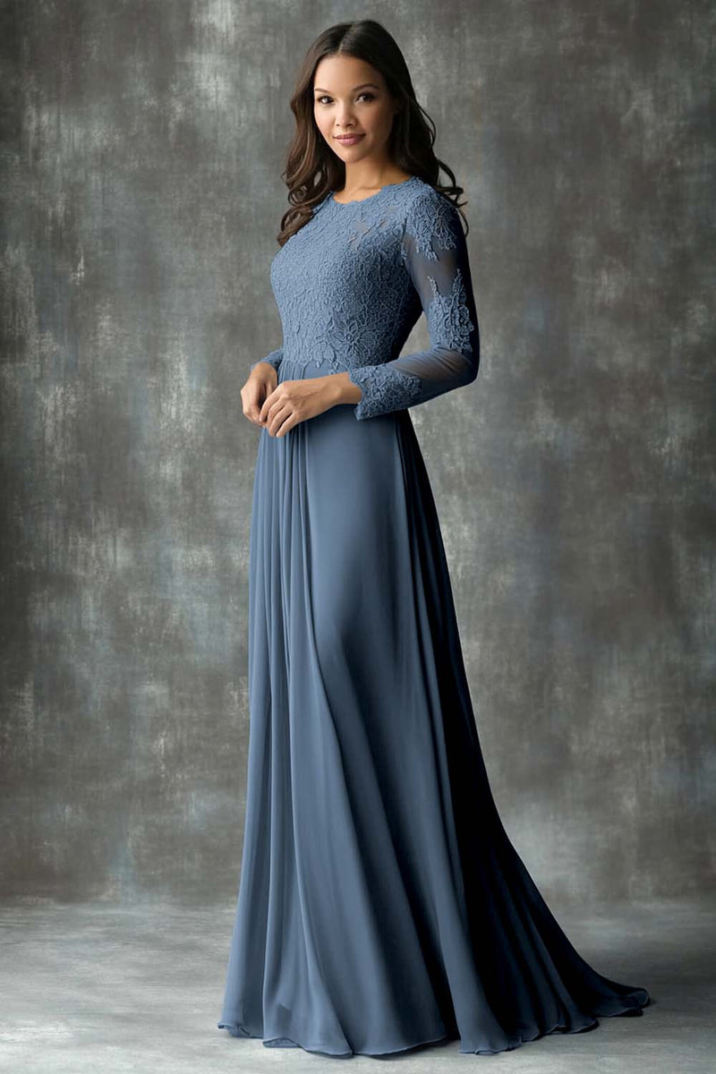 Laden Sie das Bild in den Galerie-Viewer, A-Linie Rundhals langen Ärmeln Kleid für die Brautmutter Staubblaues Etui