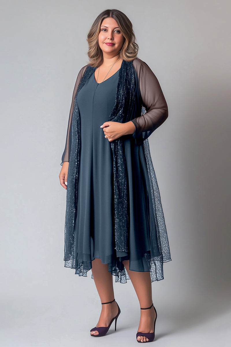 Laden Sie das Bild in den Galerie-Viewer, Glitzerndes lila Chiffon A-Linie V-Ausschnitt Kleid für die Mutter der Braut mit langen Ärmeln