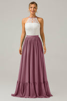 Laden Sie das Bild in den Galerie-Viewer, Weißes Schlüsselloch Boho Chiffon Langes Brautjungfernkleid mit Spitze