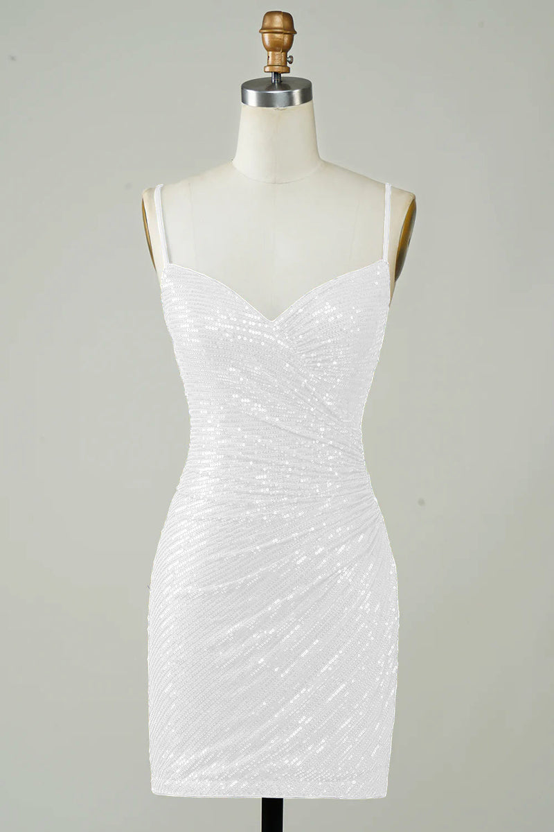 Laden Sie das Bild in den Galerie-Viewer, Pailletten Bodycon Kleines weißes Kleid