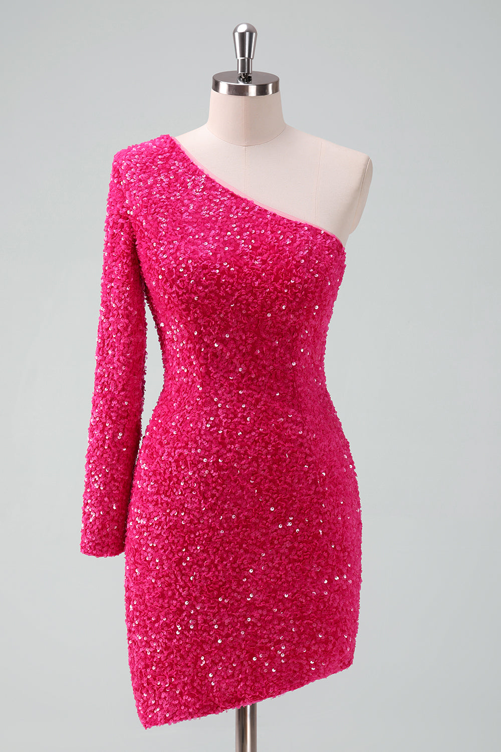 Glitzerndes fuchsia Ein Schulter Pailletten Enges kurzes Abiballkleid mit Fransen