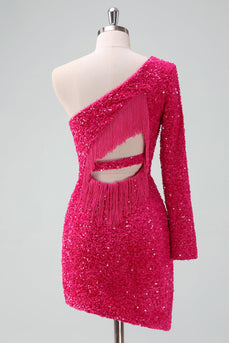 Glitzerndes fuchsia Ein Schulter Pailletten Enges kurzes Abiballkleid mit Fransen