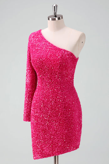 Glitzerndes fuchsia Ein Schulter Pailletten Enges kurzes Abiballkleid mit Fransen