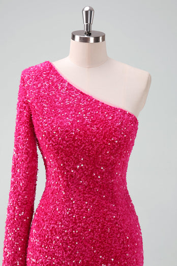 Glitzerndes fuchsia Ein Schulter Pailletten Enges kurzes Abiballkleid mit Fransen